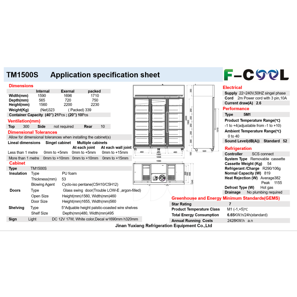 Technical specifications sheet for F-Cool TM1500S product on a white background
